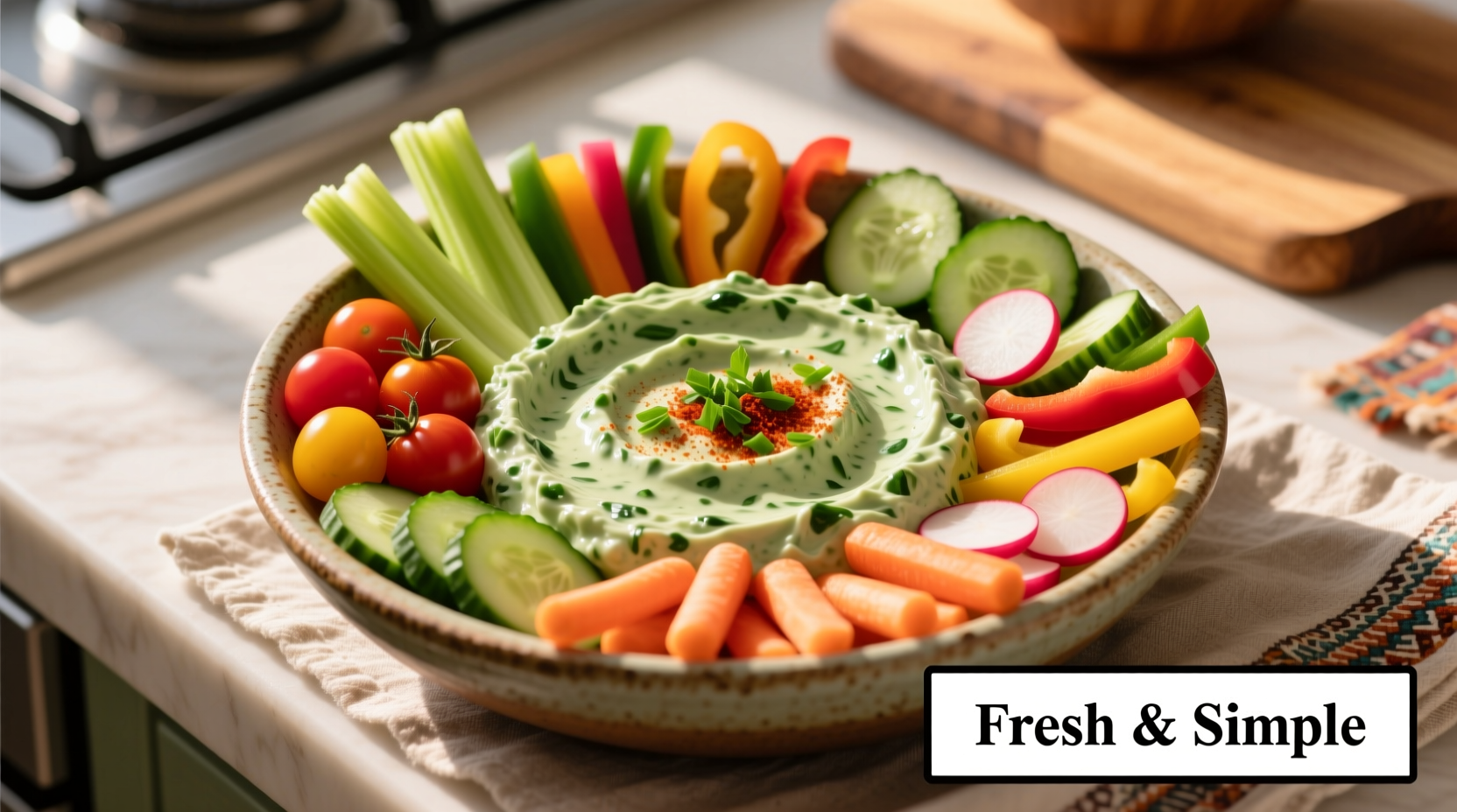 Creamy spinach vegetable dip in bowl surrounded by fresh vegetables