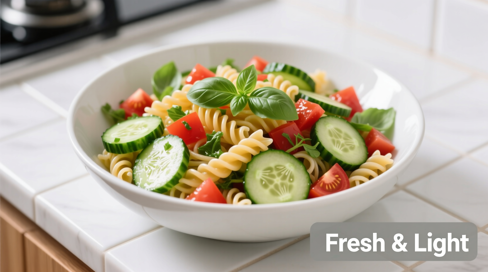 Fresh cucumber tomato pasta salad in white bowl with basil garnish