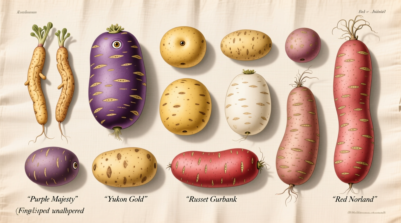 Different potato varieties arranged by color and shape
