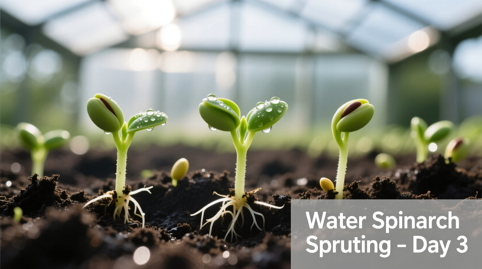 Chinese water spinach seeds in soil with sprouts