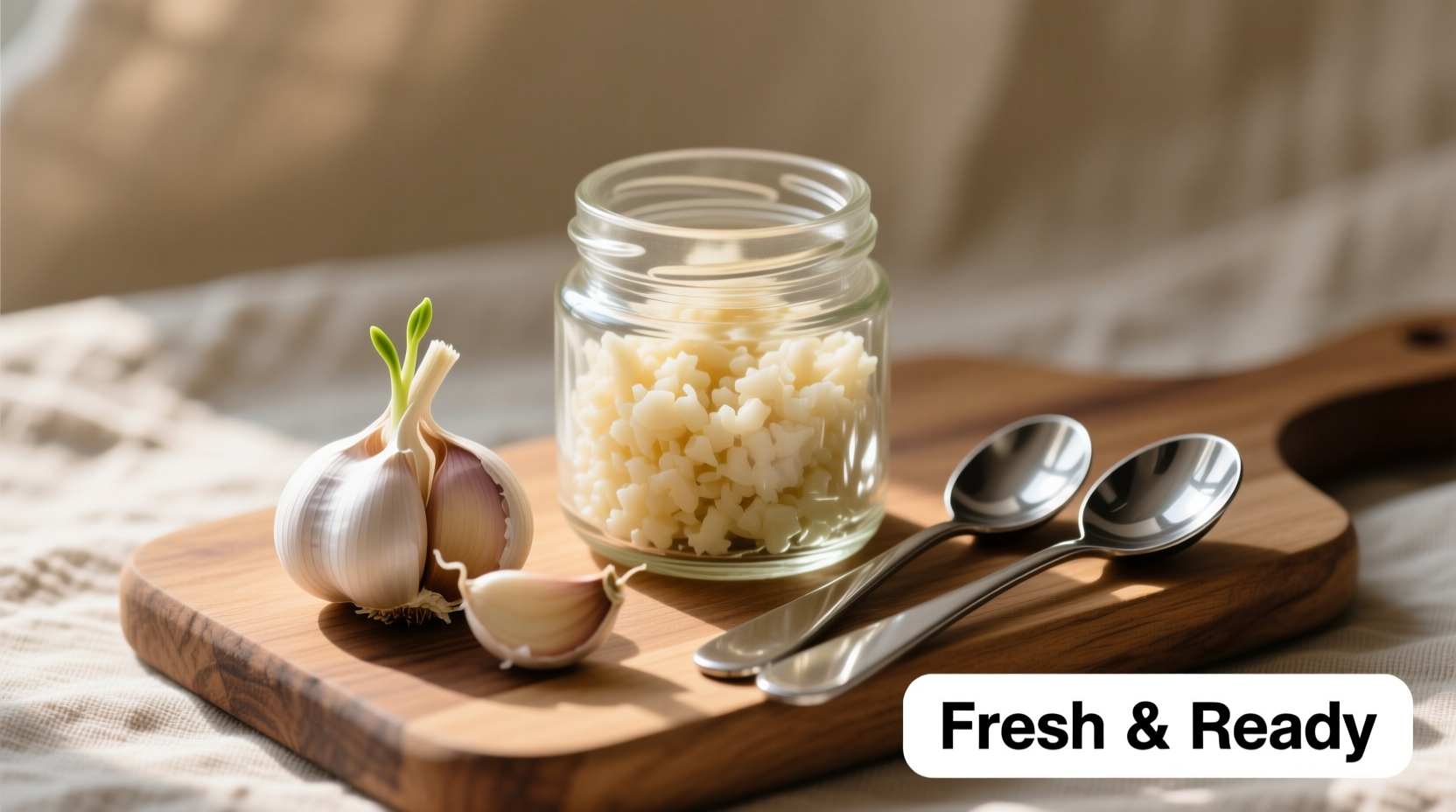 Minced garlic jar next to fresh cloves and measuring spoons