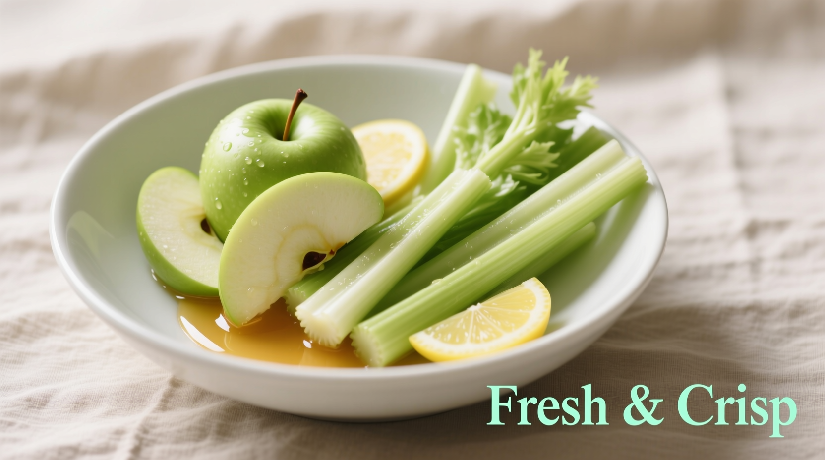 Crisp apple celery salad in white bowl