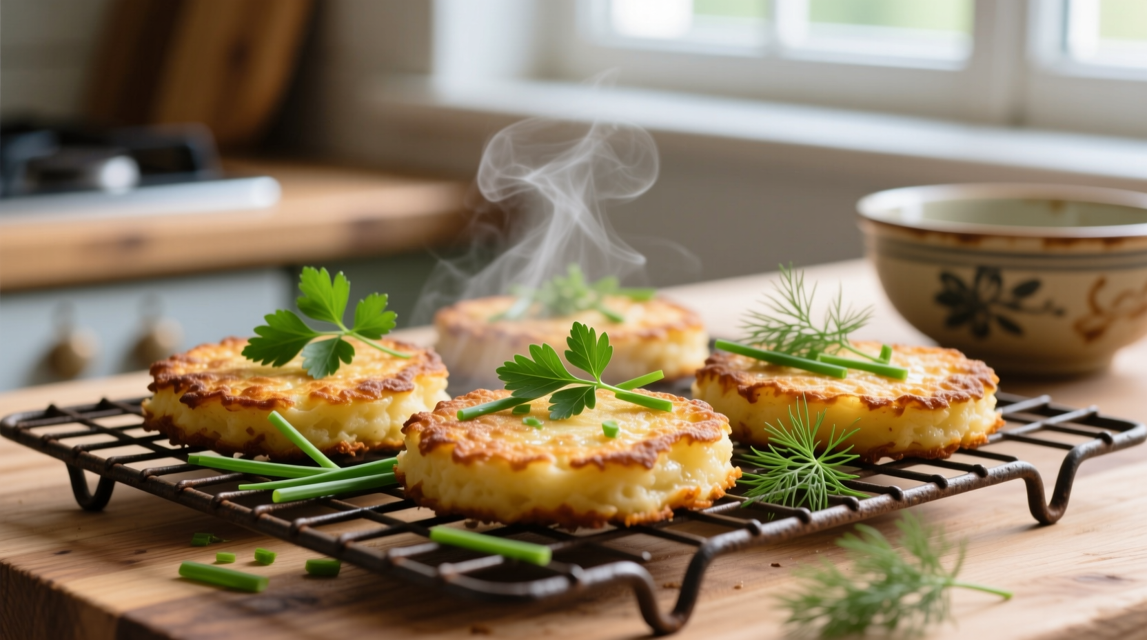Golden brown potato cakes on wire rack with fresh herbs
