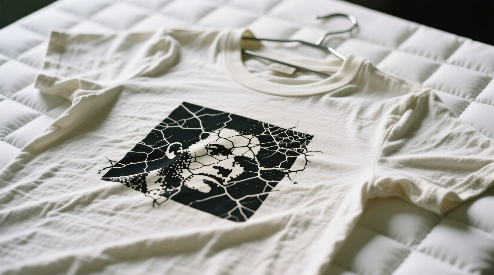 Close-up photograph of a vintage band tee laid flat on a white padded drying mat, with visible fine cracks in black screen print across chest—no hanging hanger visible, no sunlight striking fabric