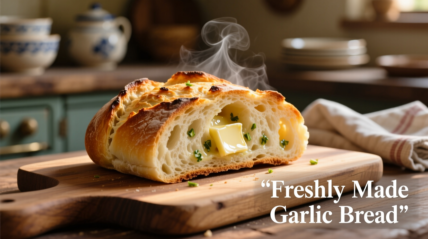 Freshly made garlic bread with golden crust
