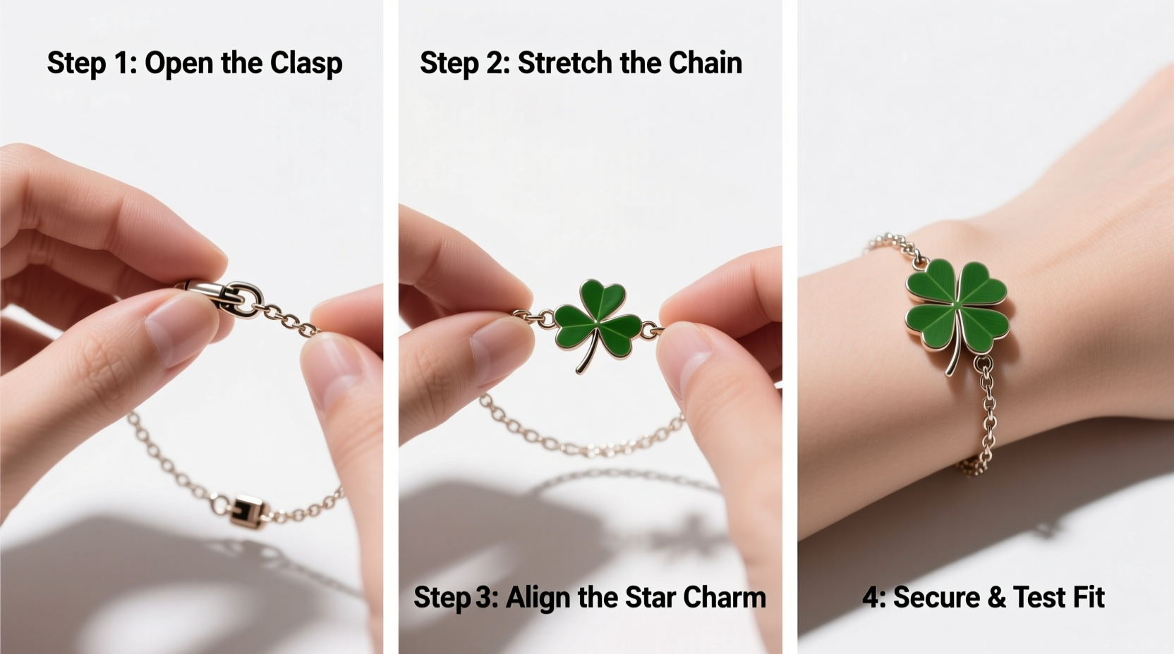 step by step guide to easily adjusting your four leaf clover star bracelet for the perfect fit