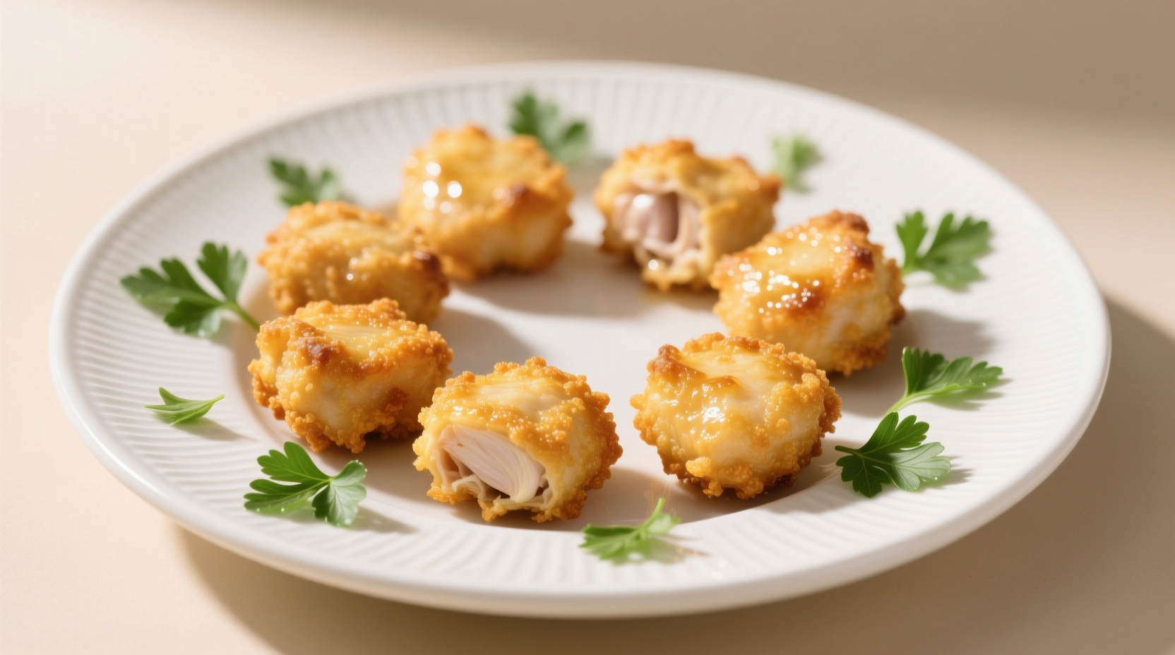 Golden garlic chicken bites on white plate with fresh parsley