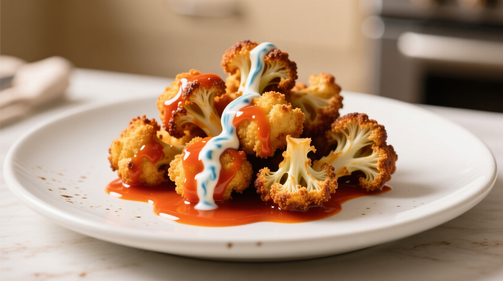 Crispy buffalo cauliflower bites on white plate