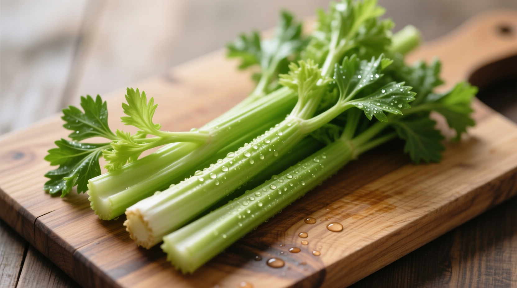 Fresh celery stalks with leaves on wooden cutting board