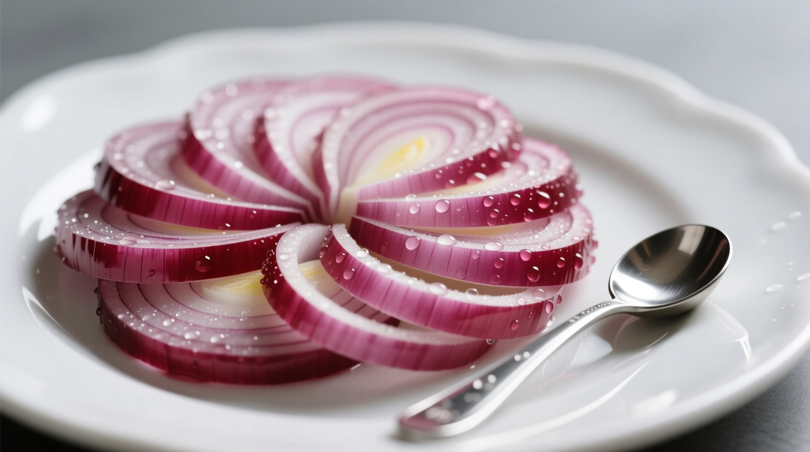 Sliced red onion on white ceramic plate with measuring spoon