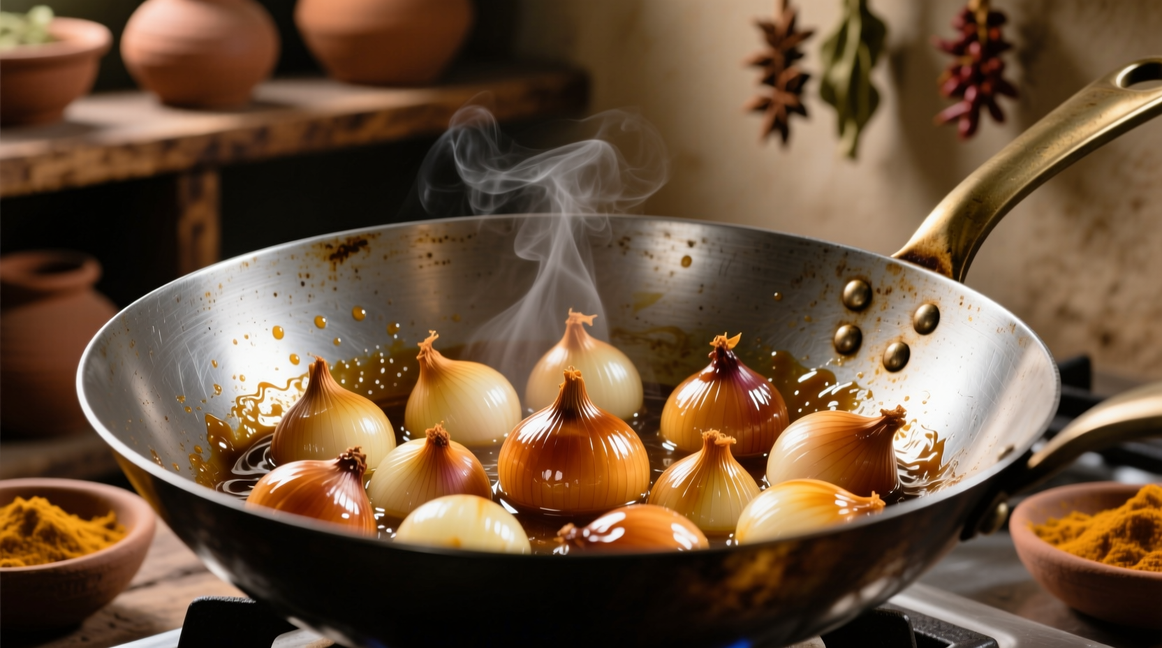 Caramelized onions in steel kadai for curry base