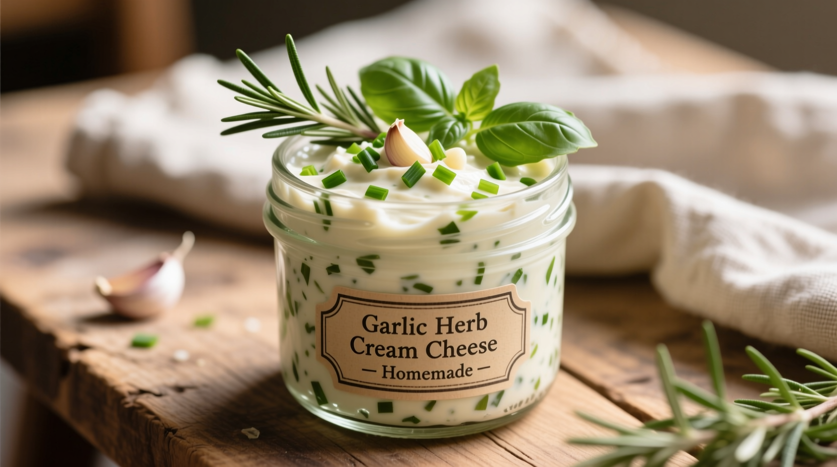 Homemade garlic herb cream cheese in mason jar with fresh herbs