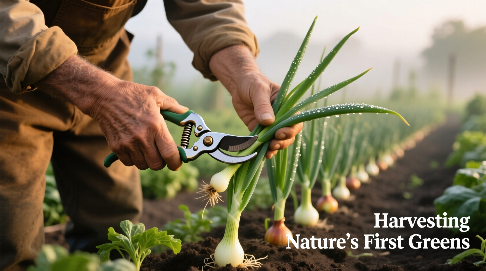 Gardener removing soft green onion seed stalk with pruning shears
