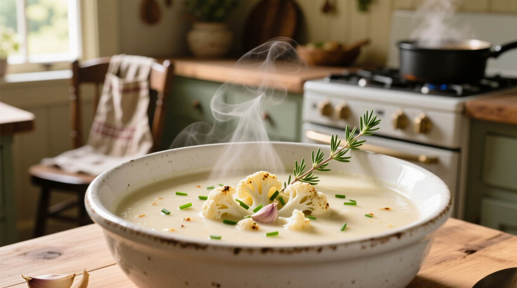 Creamy crockpot cauliflower soup in white bowl