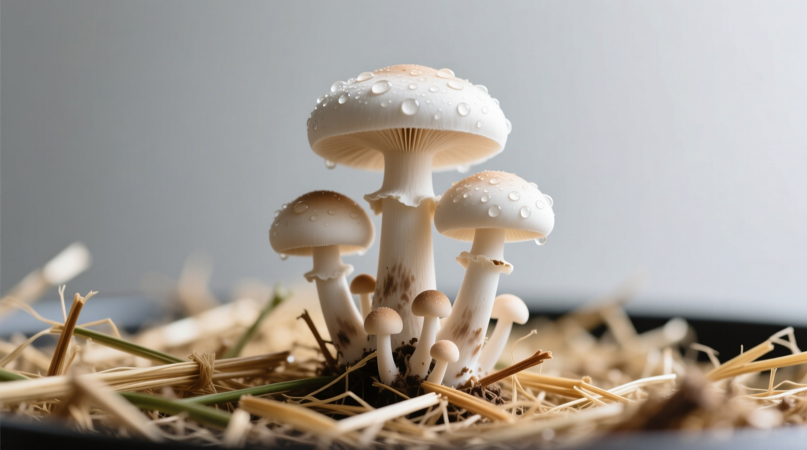 Close-up of healthy oyster mushrooms growing from straw substrate in a home setup, showing proper pinning stage