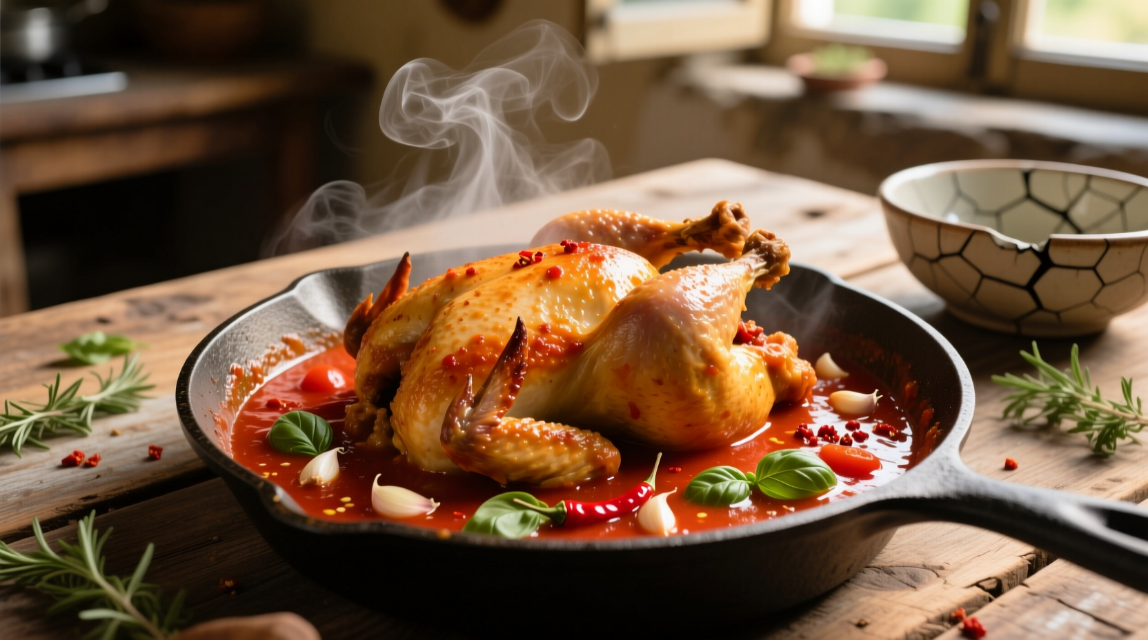 Chicken simmering in rich tomato sauce