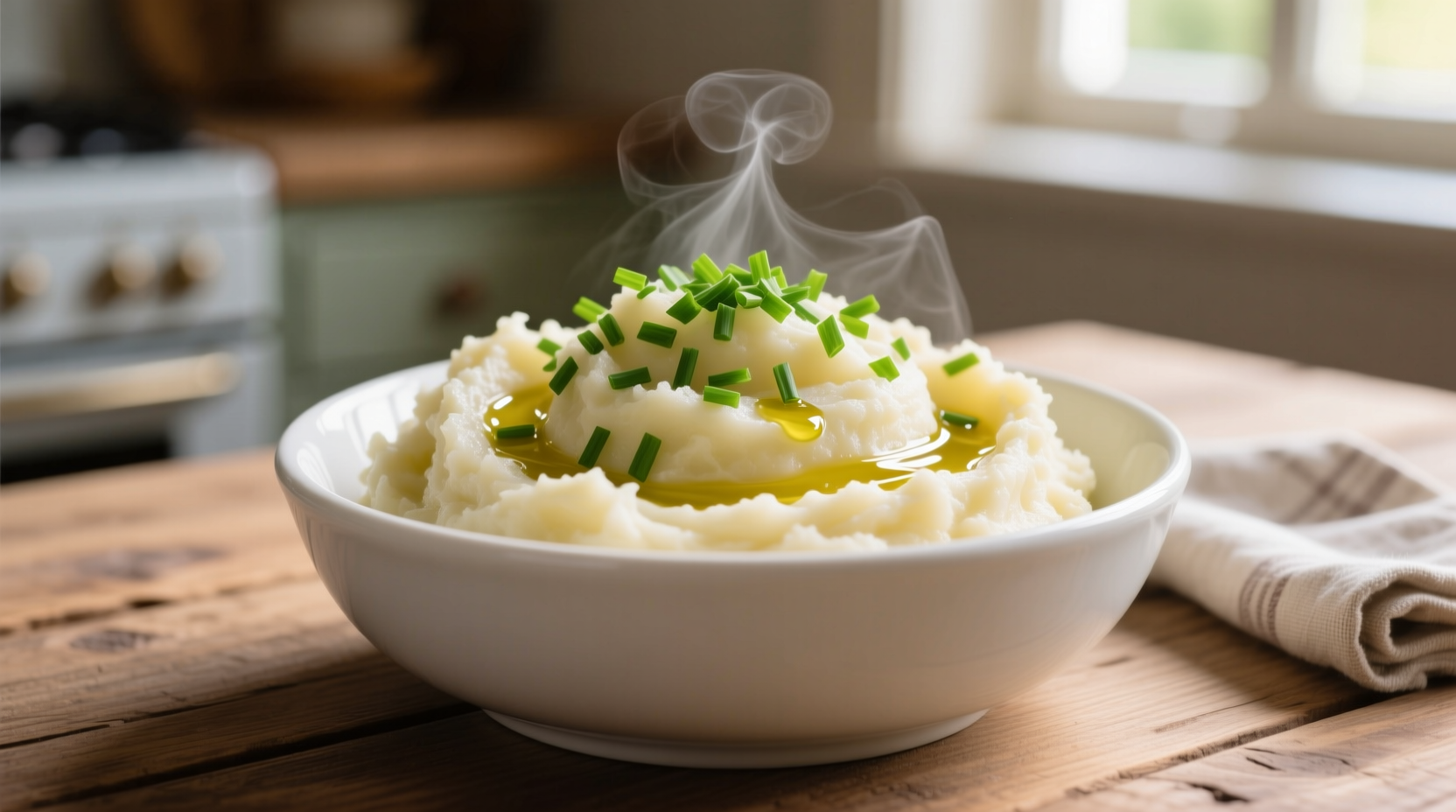 Creamy garlic mashed potatoes in white bowl with chives