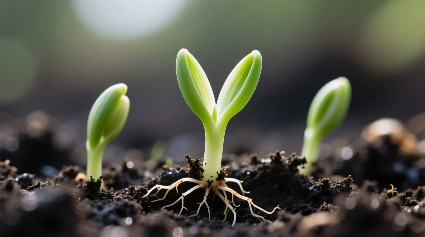 Close-up of onion seedlings emerging from soil