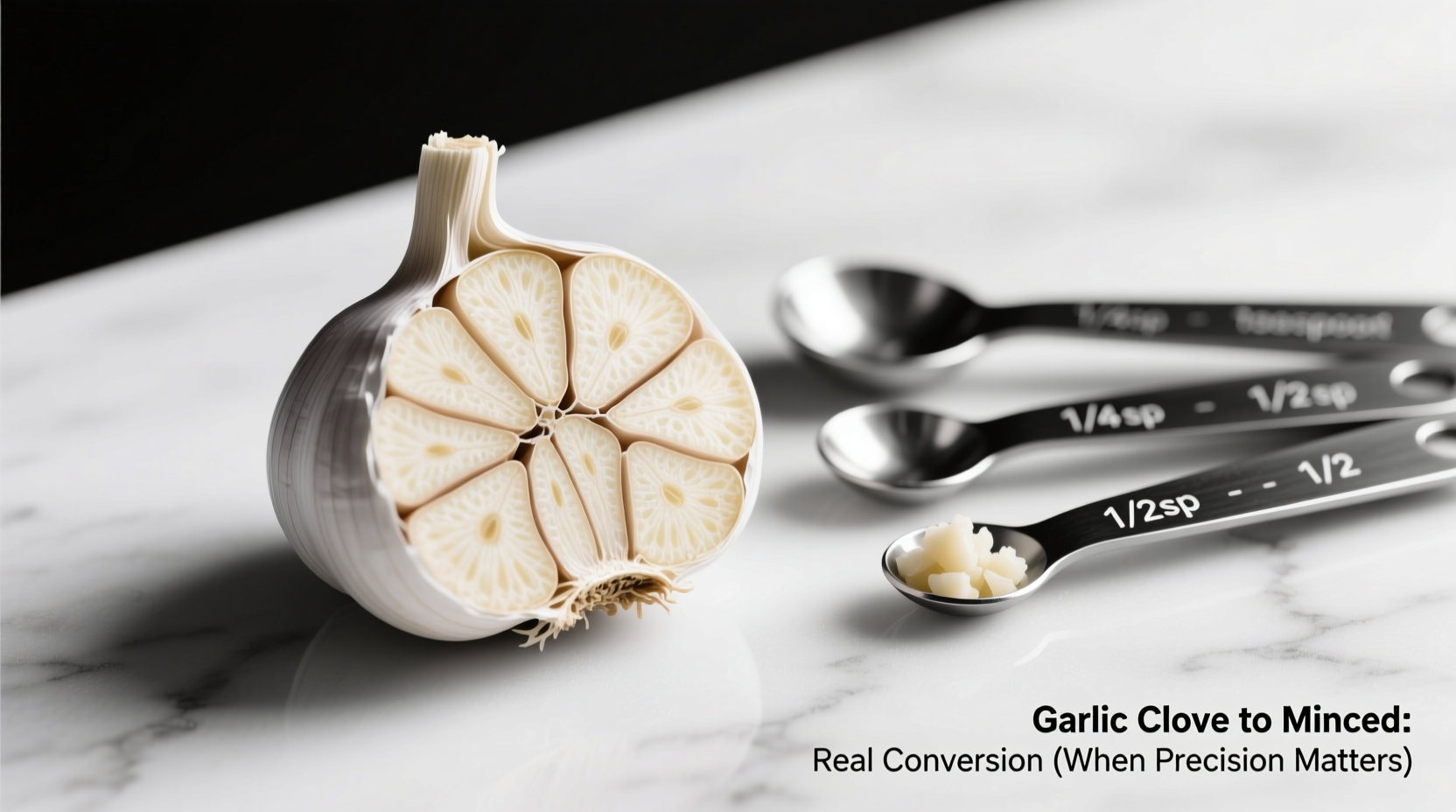 Garlic cloves of varying sizes next to measuring spoons showing minced yield