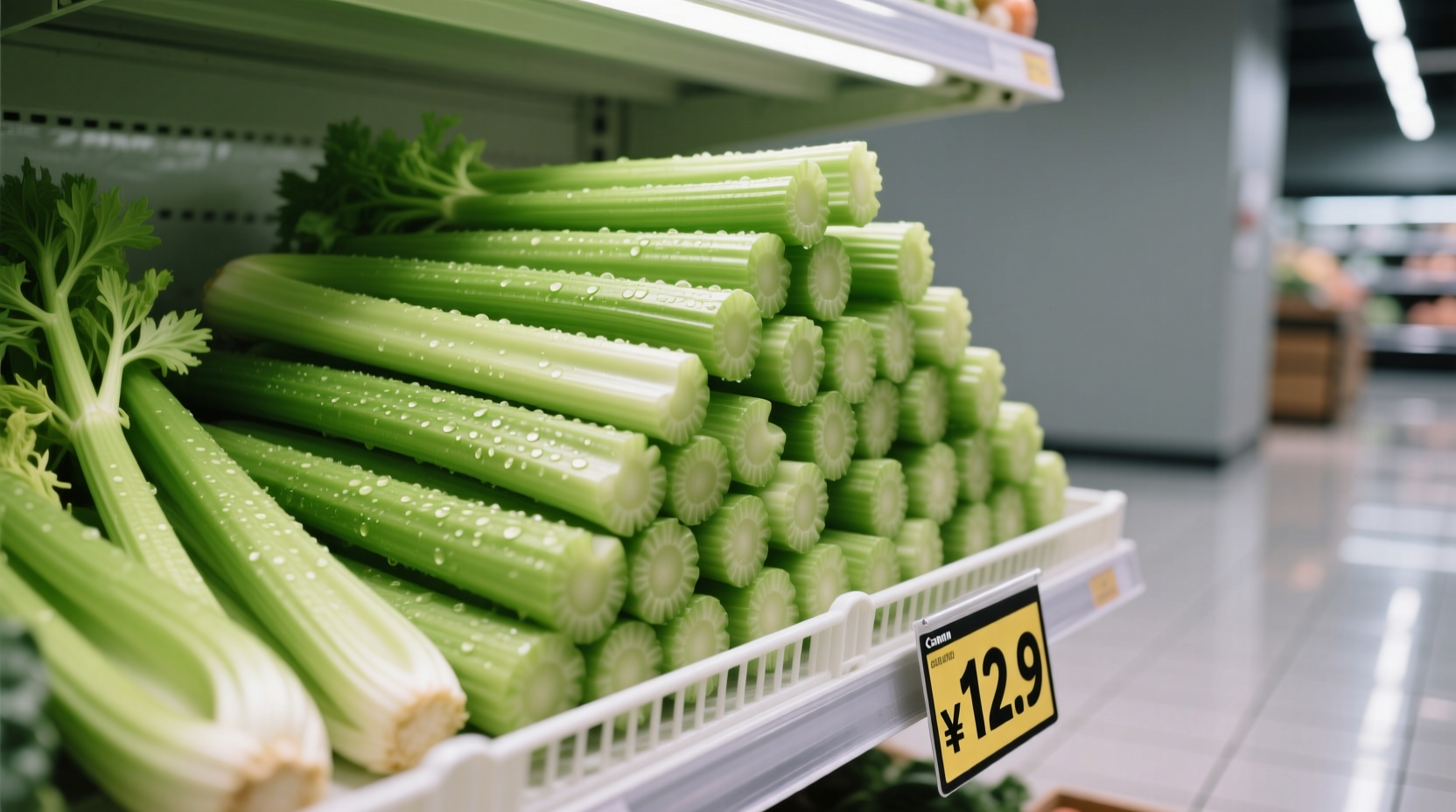 Fresh celery ribs in grocery store display
