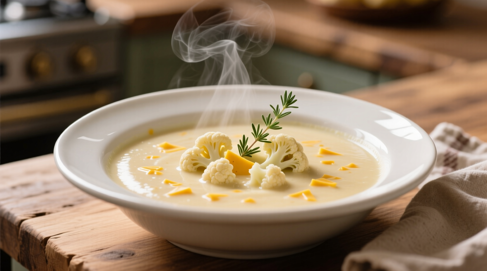 Creamy cauliflower and cheddar soup in white bowl