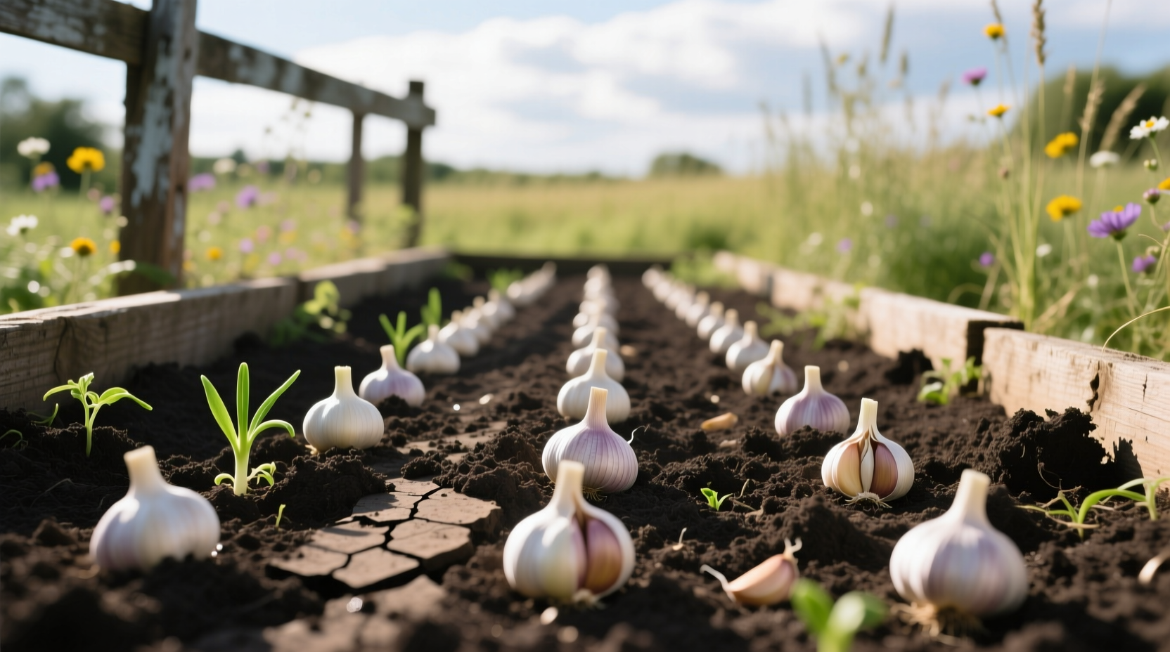 Garlic cloves properly spaced in garden bed with soil covering