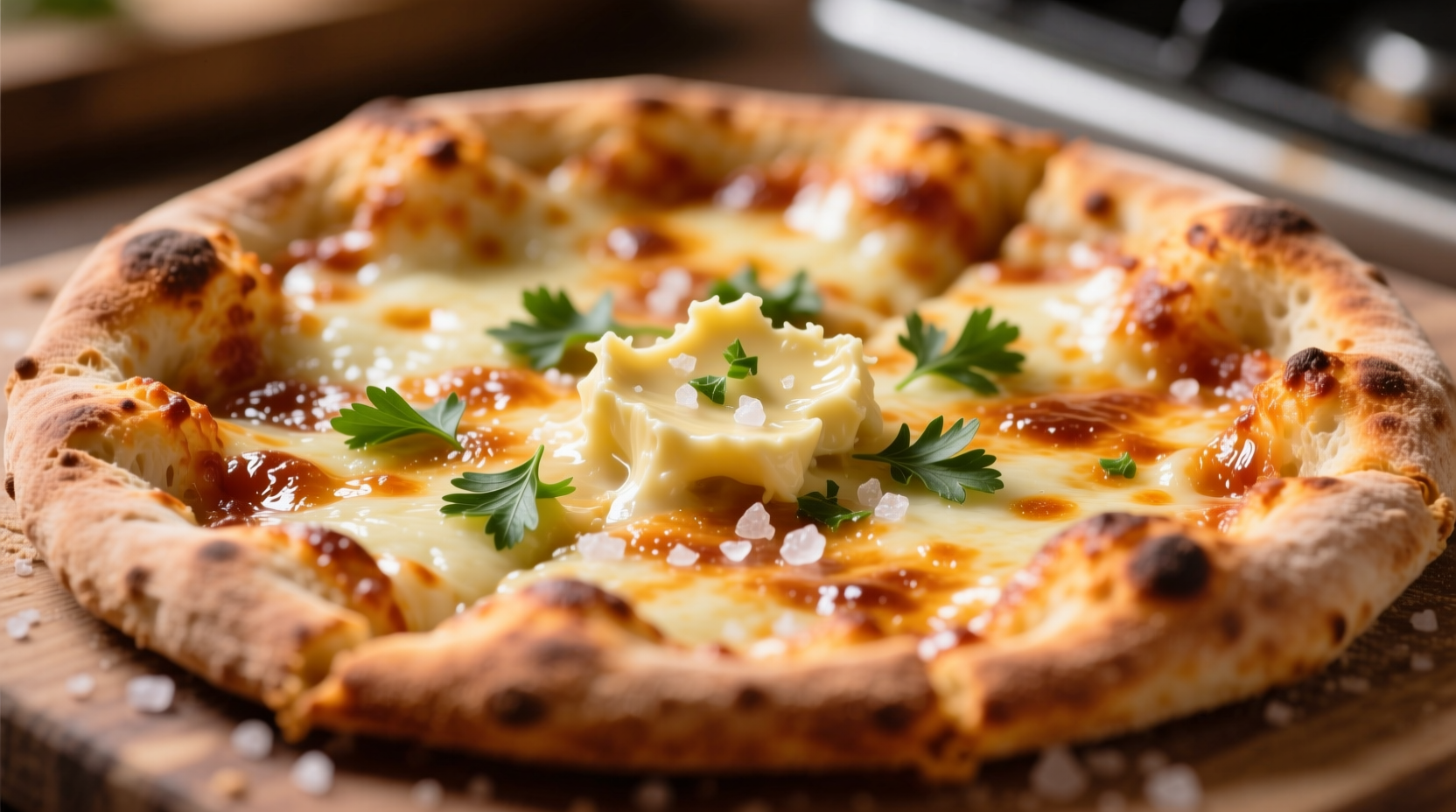 Homemade garlic butter spread on fresh pizza crust