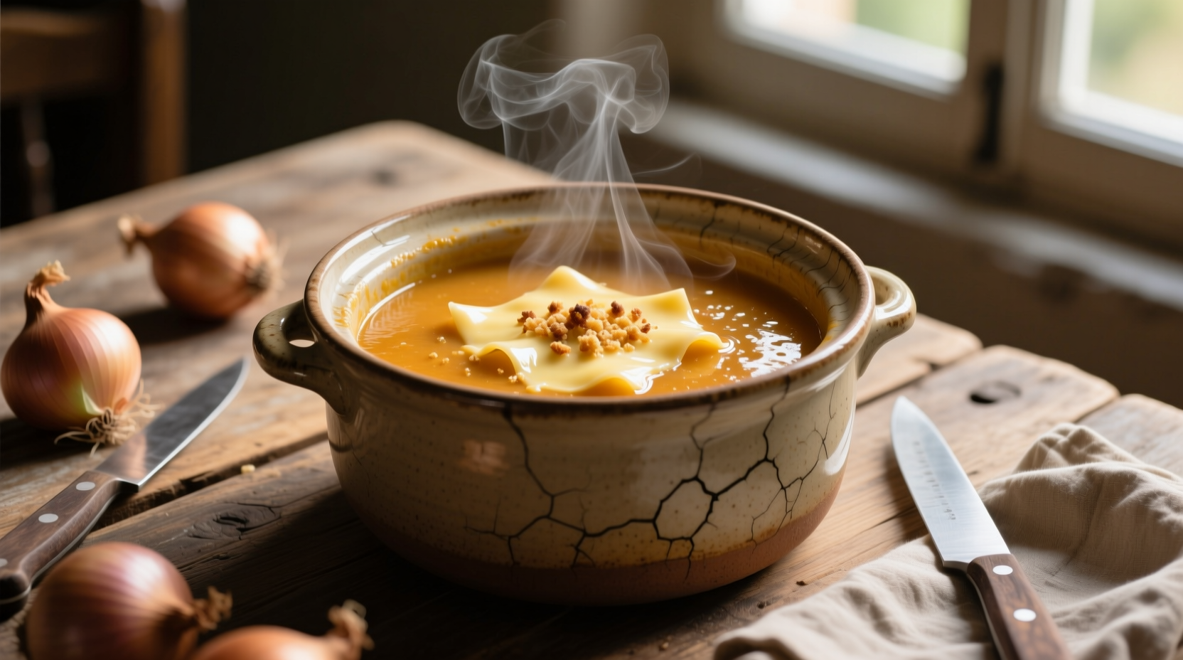 Crock pot filled with golden onion soup