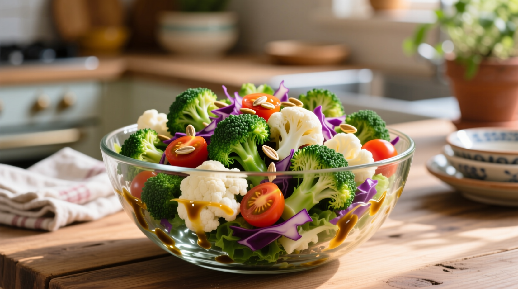 Colorful broccoli and cauliflower salad in glass bowl