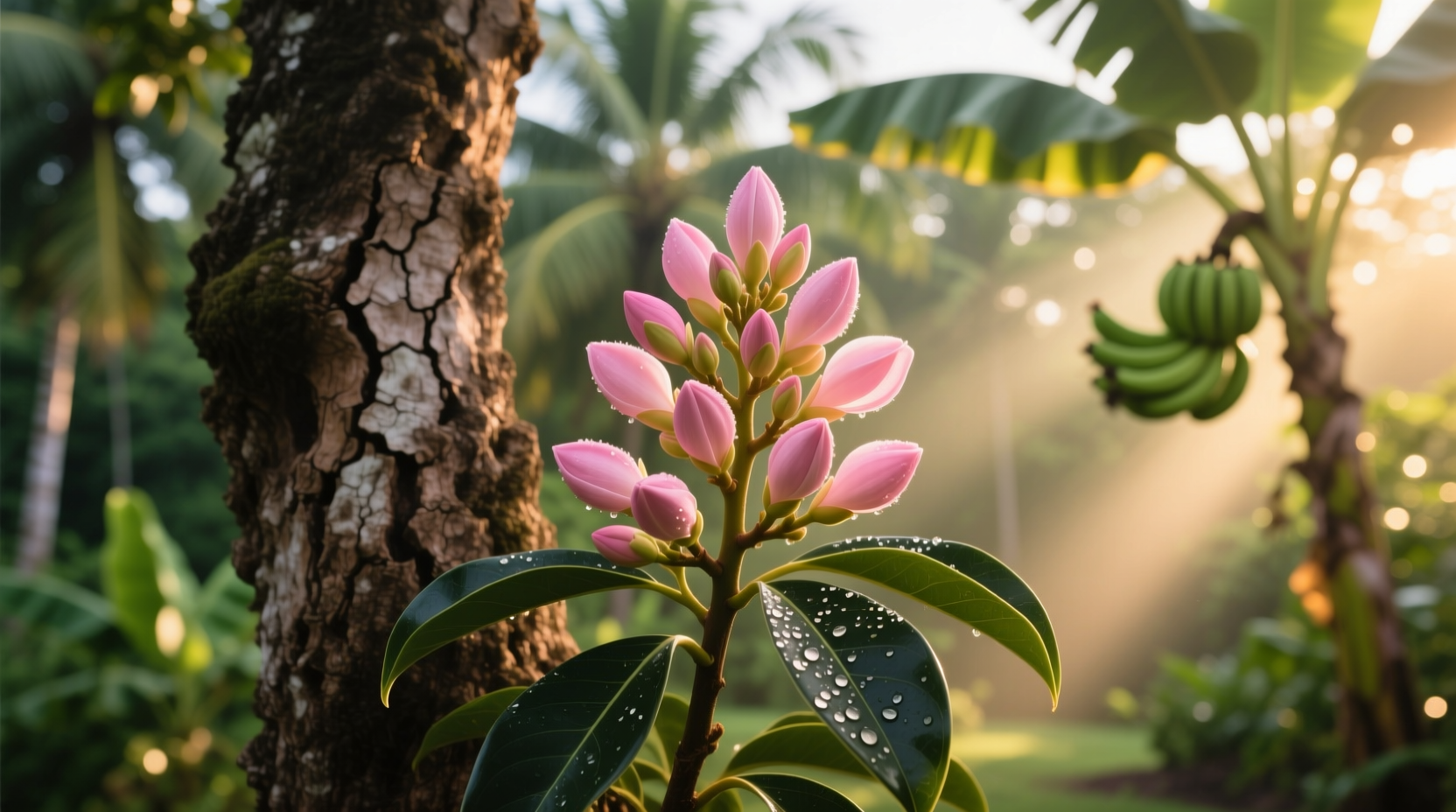 Mature clove tree with pink flower buds