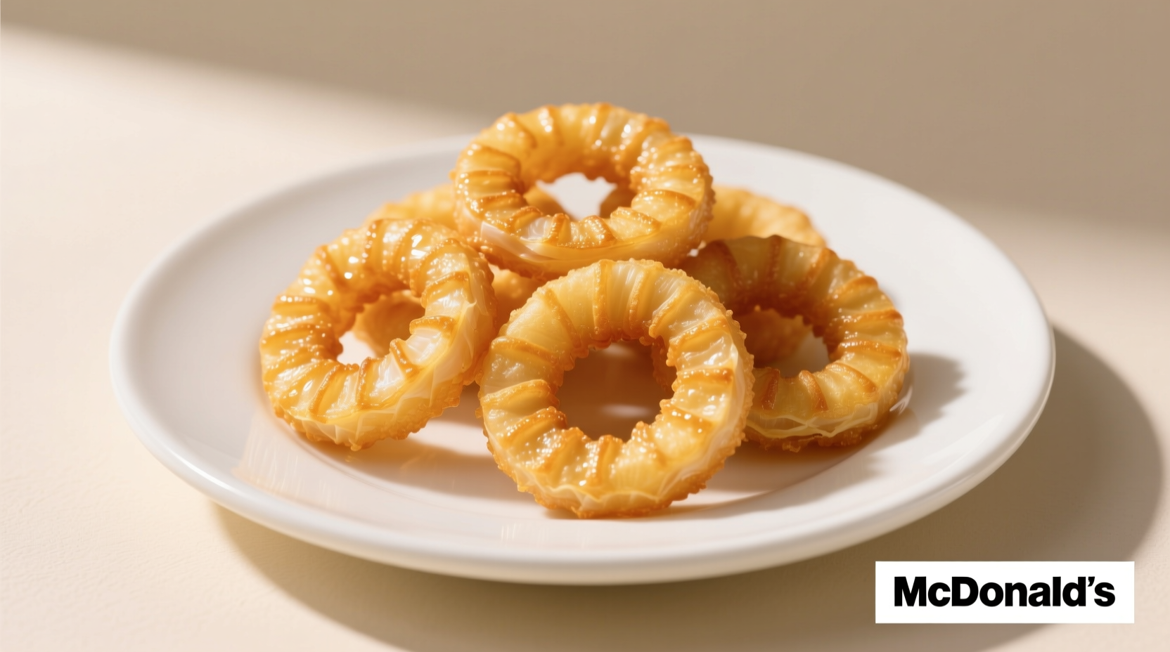 Golden crispy McDonald's onion rings on white plate