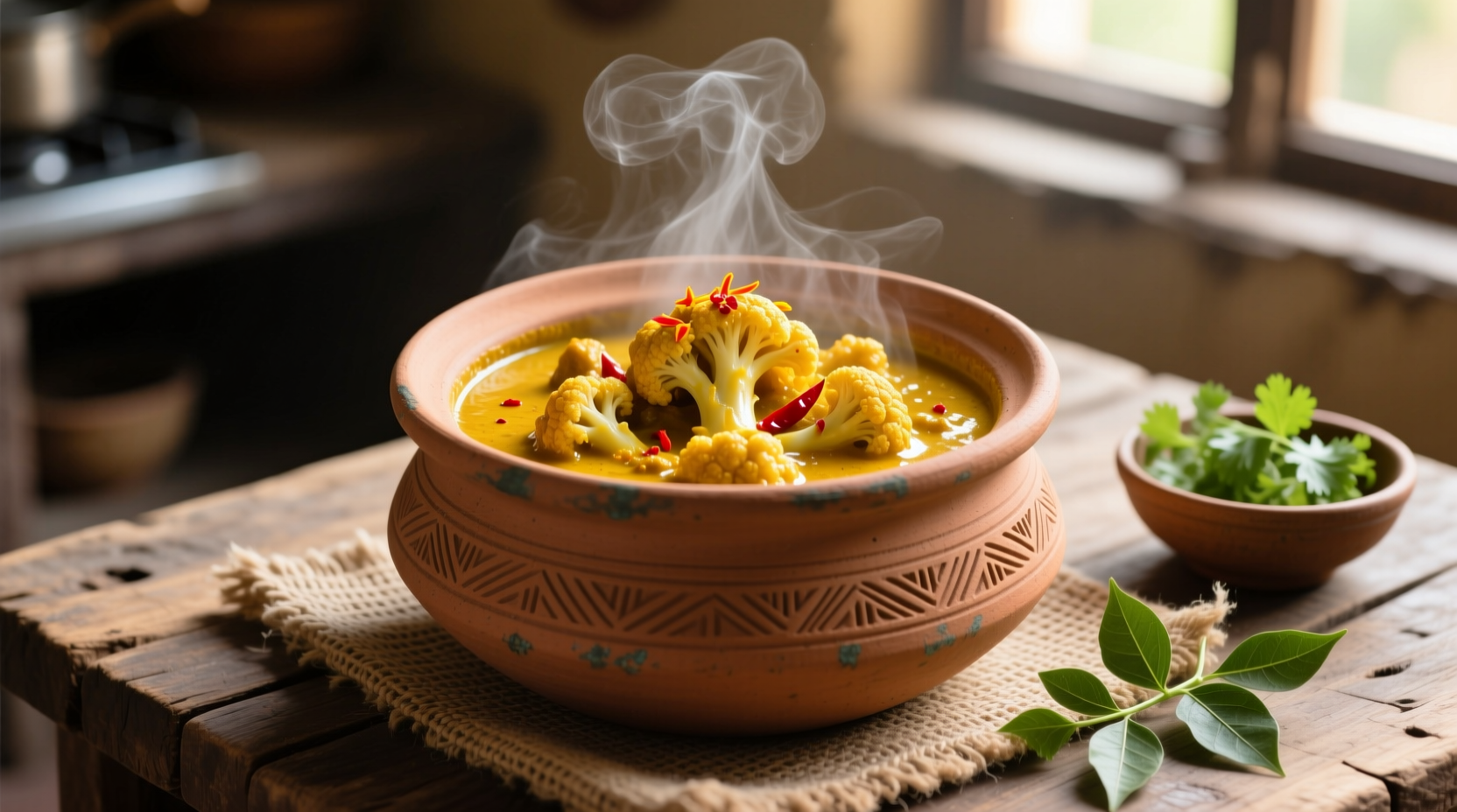 Golden spiced cauliflower curry in traditional clay pot