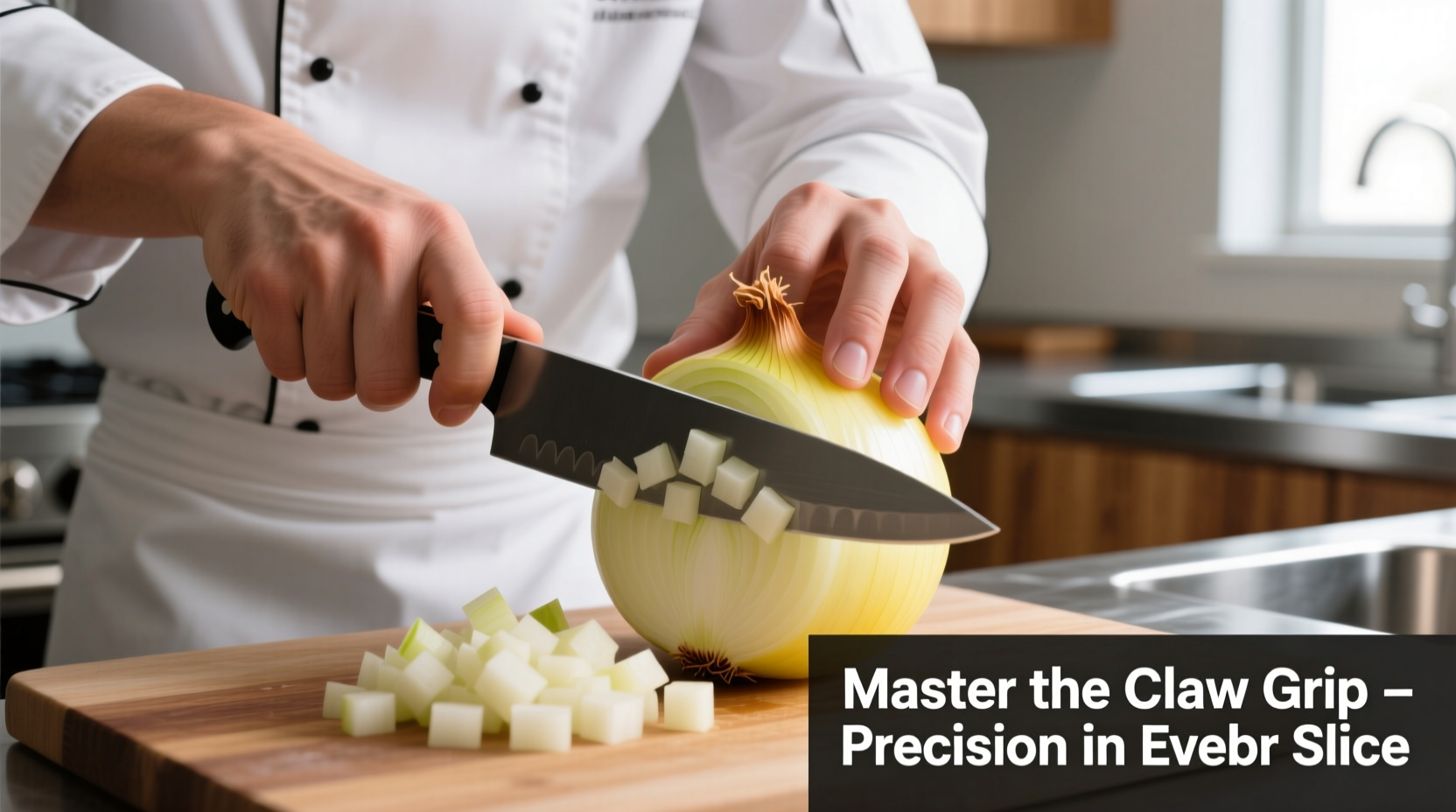 Chef demonstrating proper onion dicing technique with claw grip