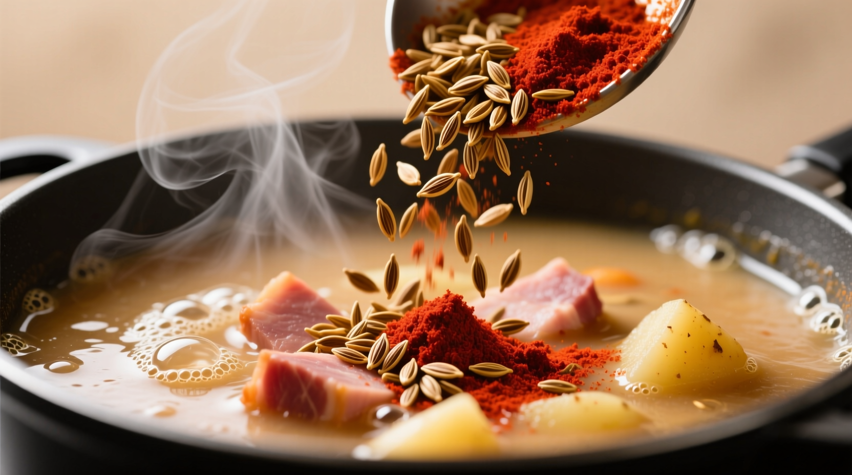 Close-up of toasted cumin seeds and smoked paprika sprinkled into a steaming pot of ham and potato soup