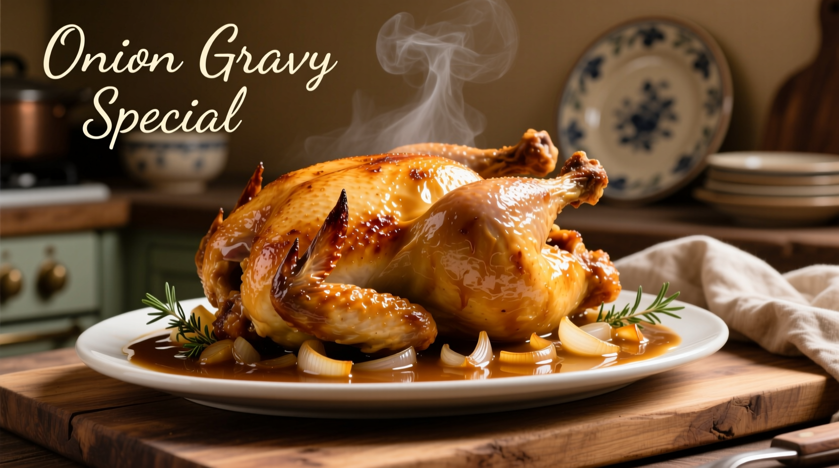 Golden brown chicken with onion gravy