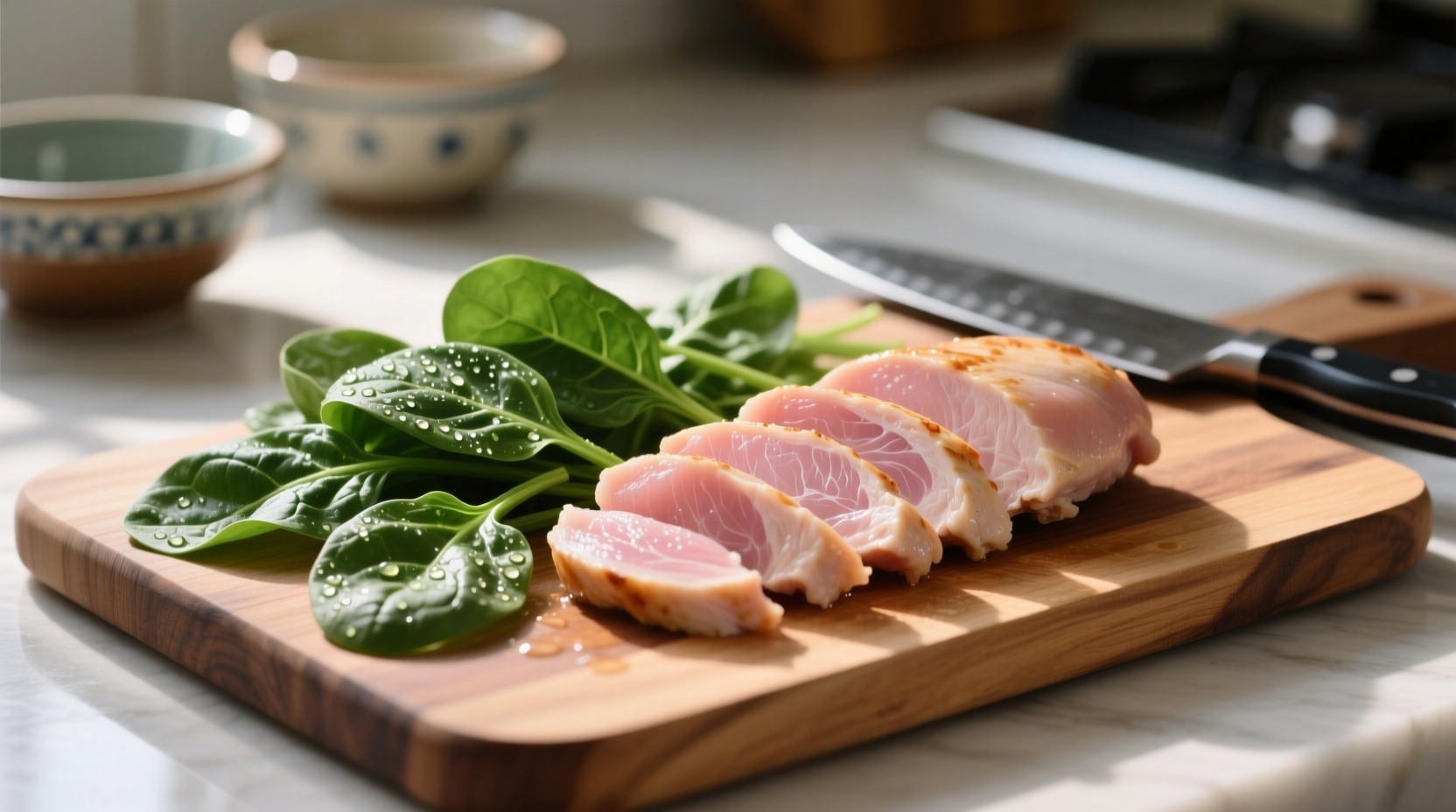 Fresh spinach and chicken breast on cutting board