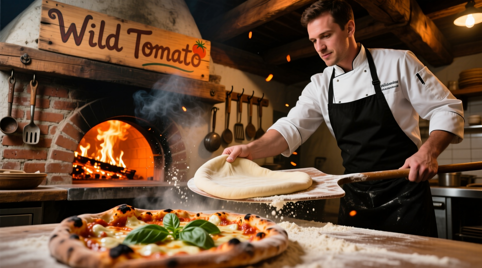 Wood-fired pizza being prepared at Wild Tomato restaurant