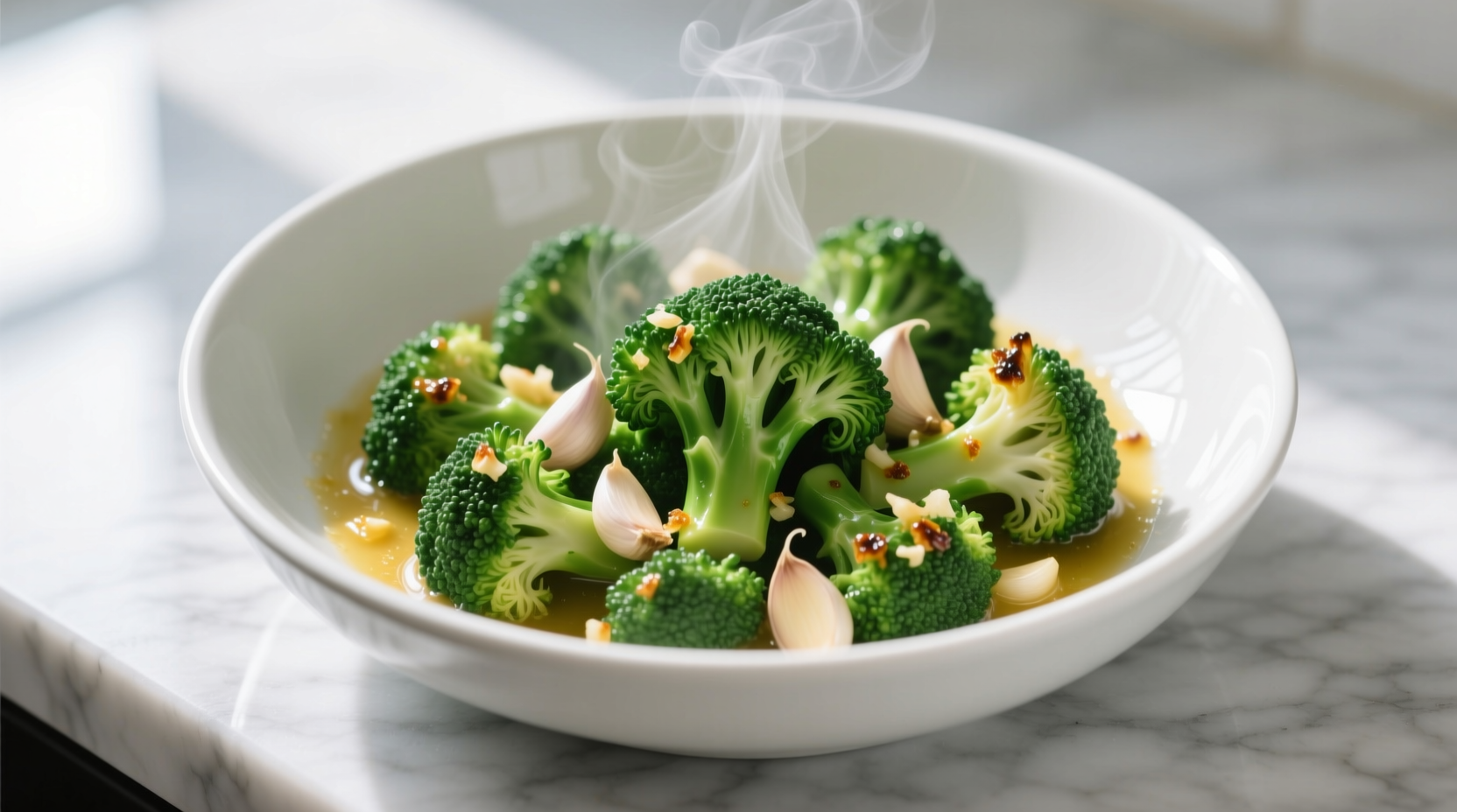 Perfectly cooked garlic broccoli in white ceramic bowl