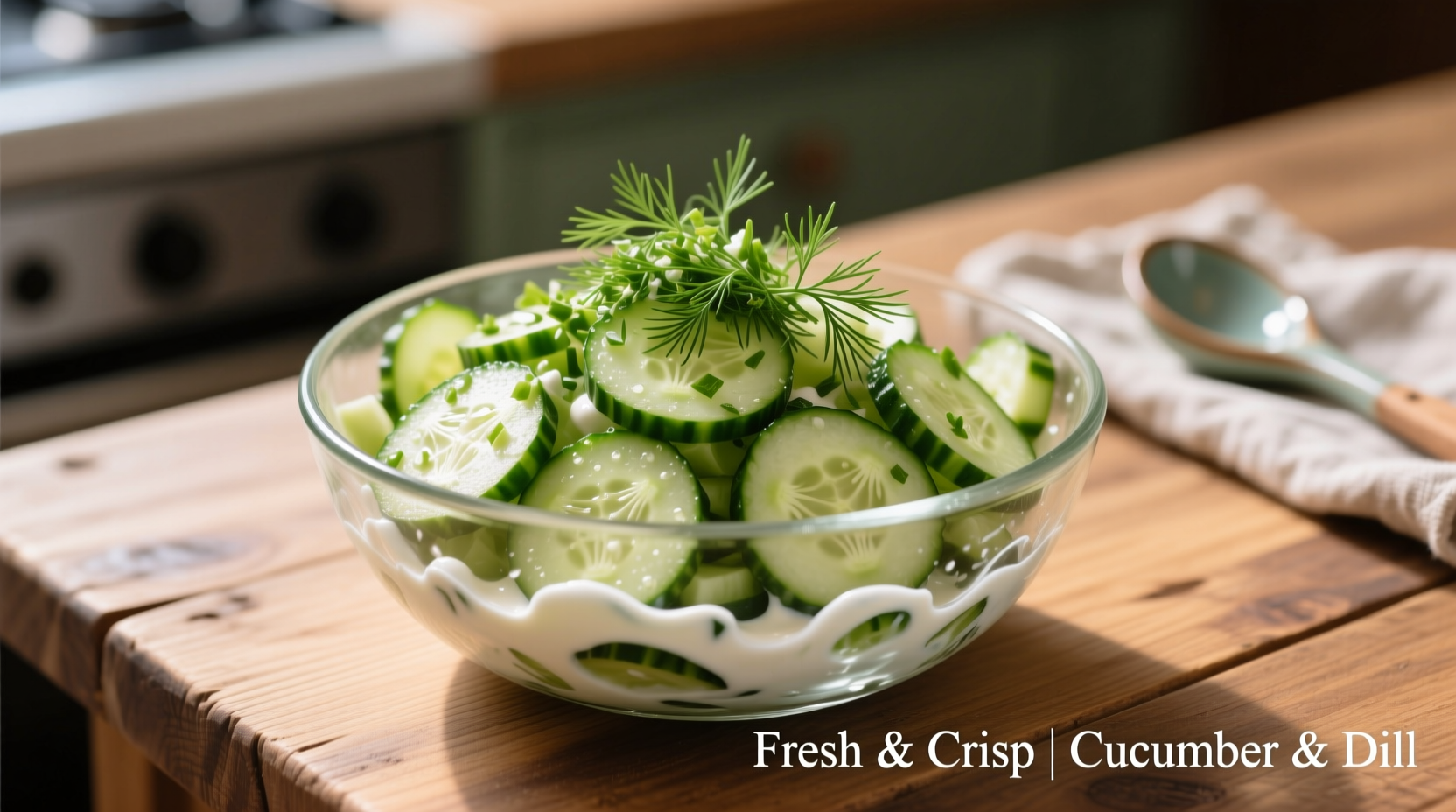 Creamy cucumber salad in glass bowl with fresh dill