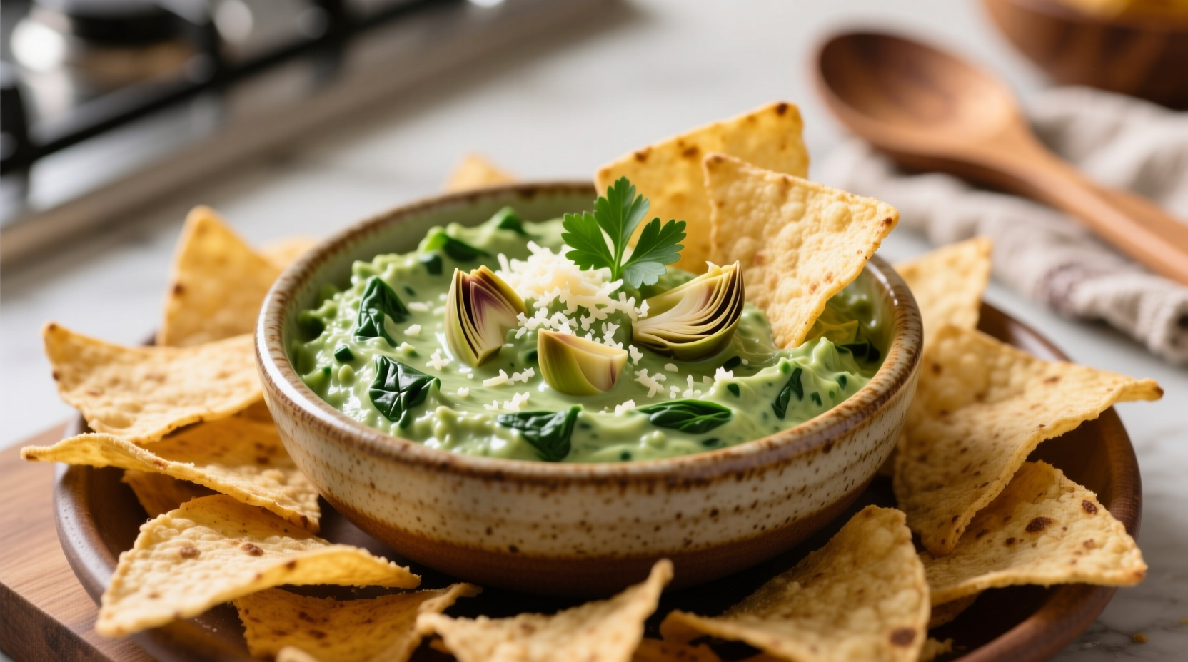 Homemade spinach artichoke dip served with tortilla chips