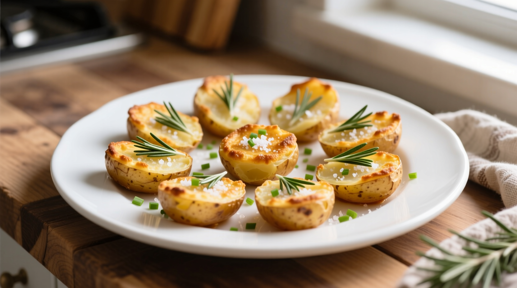 Golden baked potato bites with herbs on white plate