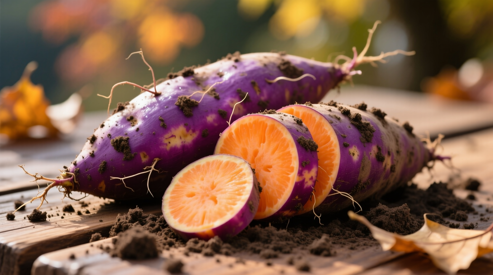Fresh Japanese sweet potatoes with vibrant purple and orange flesh