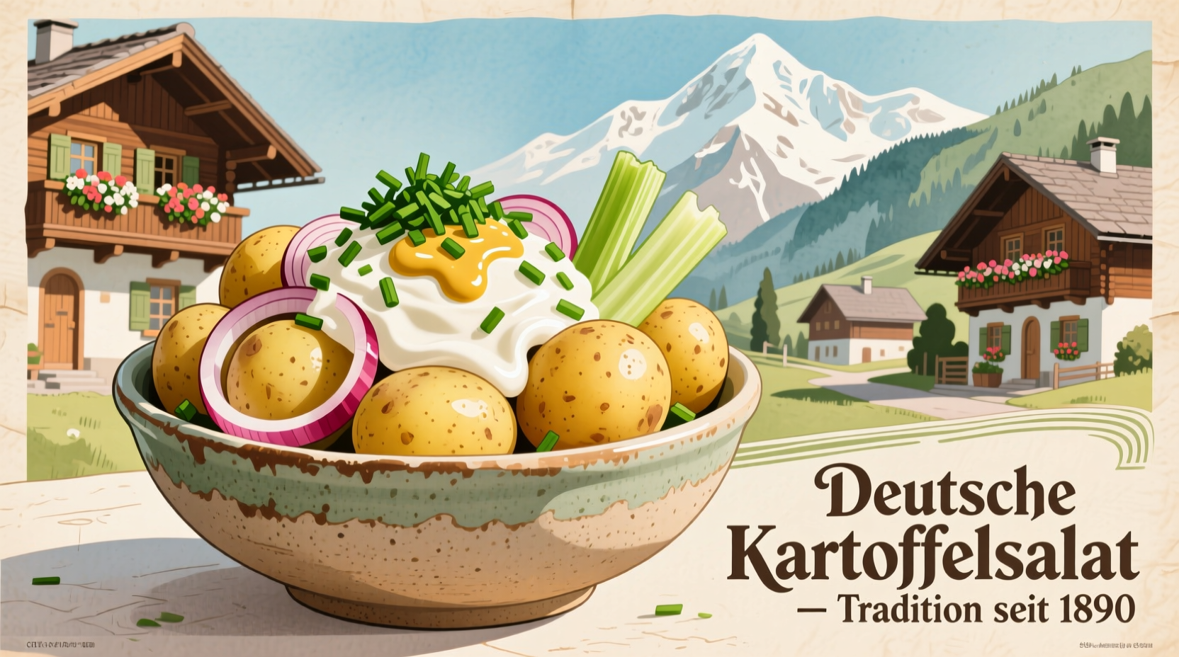 Vintage illustration of traditional German potato salad