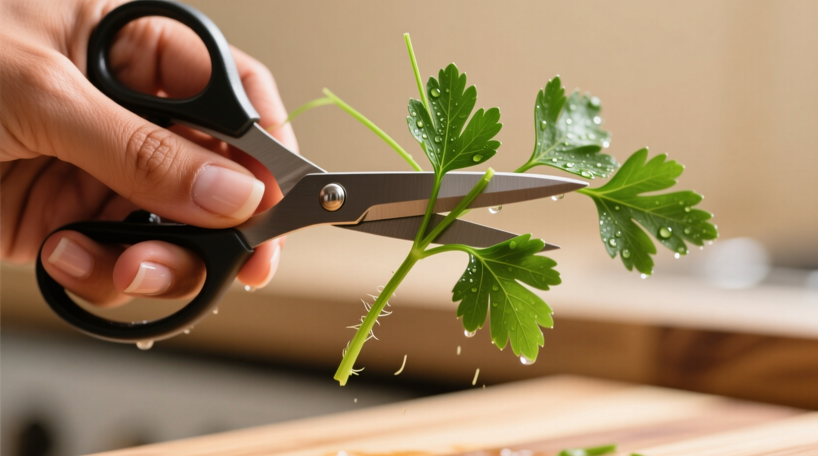 Close-up of hand cutting parsley stem with scissors