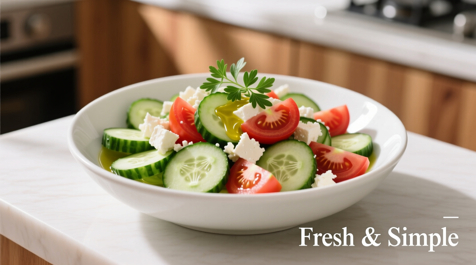 Fresh cucumber feta tomato salad in white bowl