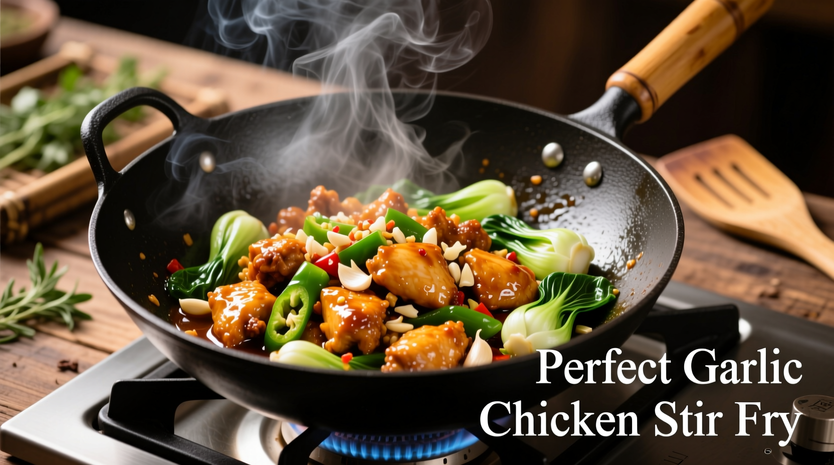 Perfect garlic chicken stir fry in wok with fresh ingredients