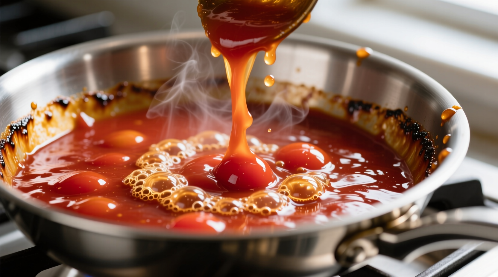 Tomato sauce reduction process in stainless steel pan