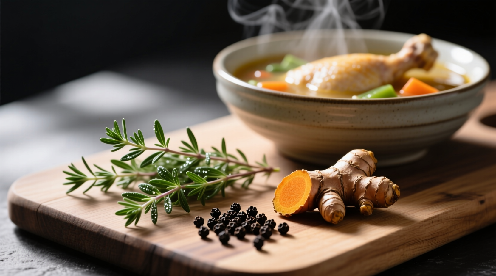 Close-up of fresh thyme, turmeric root, and black peppercorns arranged beside chicken vegetable soup ingredients