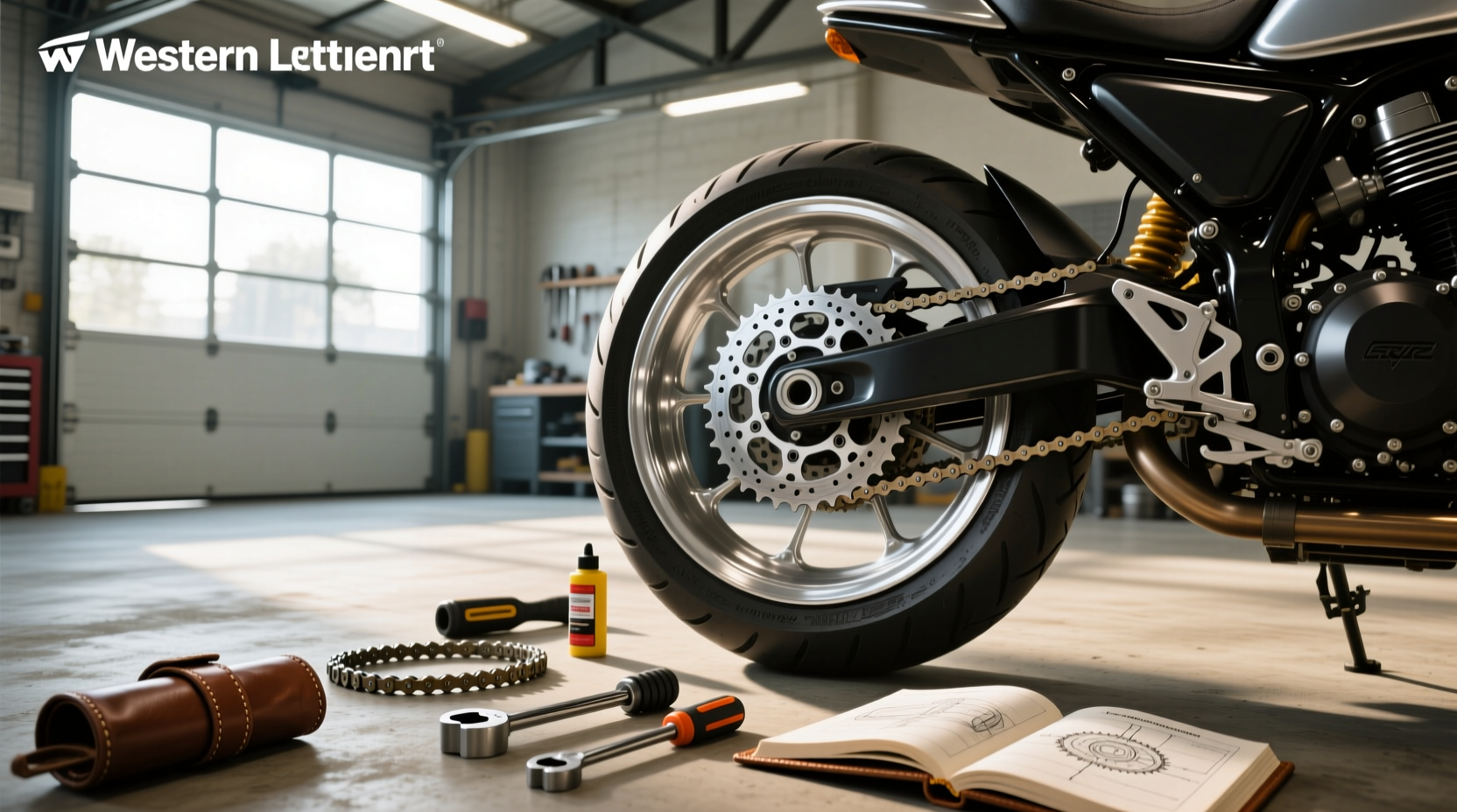 Close-up of motorcycle rear sprocket showing wear indicators