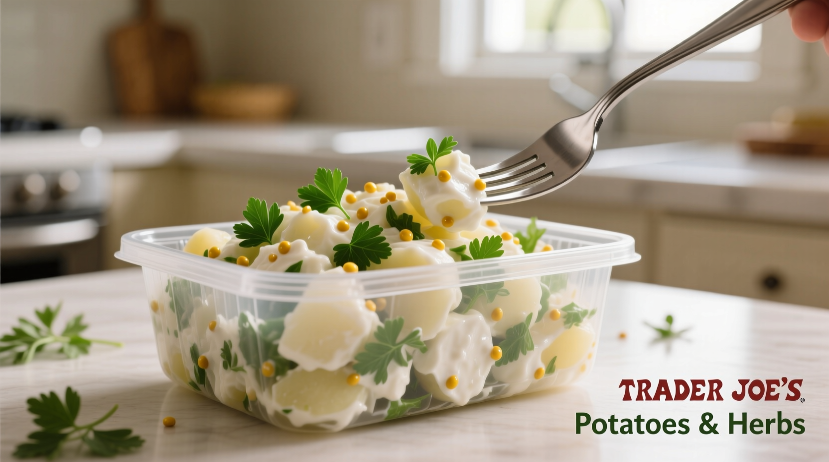 Trader Joe's potato salad in container with fork